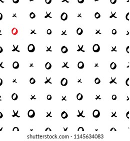 Black and white hand drawn seamless pattern with x and o symbols on white background. Endless grunge backdrop with repeating cross and zero or xo sign, ink strokes vector illustration