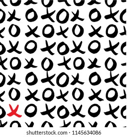 Black and white hand drawn seamless pattern with x and o symbols on white background. Endless grunge backdrop with repeating cross and zero or xo sign, ink strokes vector illustration