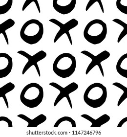 Black and white hand drawn seamless pattern with x and o symbols on white background. Endless grunge backdrop with repeating cross and zero or xo sign, ink strokes vector illustration