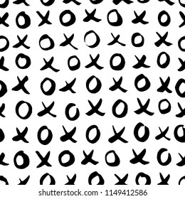 Black and white hand drawn seamless pattern with x and o symbols on white background. Endless grunge backdrop with repeating cross and zero or xo sign, ink strokes vector illustration