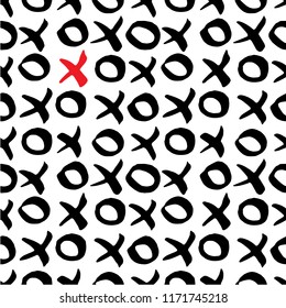 Black and white hand drawn seamless pattern with x and o symbols on white background. Endless grunge backdrop with repeating cross and zero or xo sign, ink strokes vector illustration