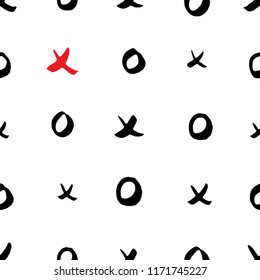 Black and white hand drawn seamless pattern with x and o symbols on white background. Endless grunge backdrop with repeating cross and zero or xo sign, ink strokes vector illustration
