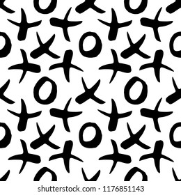 Black and white hand drawn seamless pattern with x and o symbols on white background. Endless grunge backdrop with repeating cross and zero or xo sign, ink strokes vector illustration