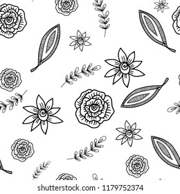 Black and white hand drawn seamless pattern, florals and leaves