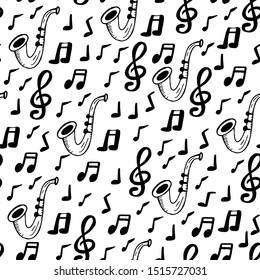 Black and white hand drawn seamless pattern with musical signs. Notes, sax and treble clef elements for textile, scrapbooking, clothing design