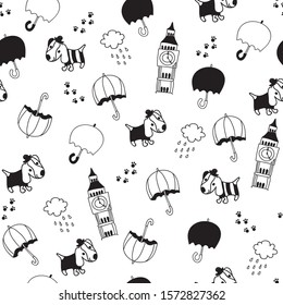 black and white hand drawn seamless pattern with dog