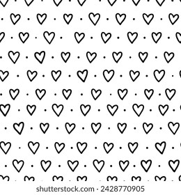 Black and white hand drawn seamless pattern. Doodle hearts and dots
