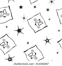 Black and white hand drawn seamless texture with stars and smiley pillows