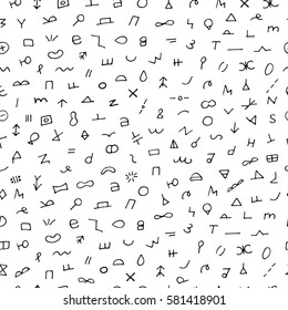 Black and white hand drawn seamless pattern. Abstract doodle background. Vector print. Random signs.