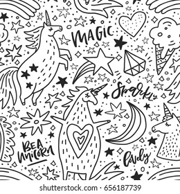 Black and white hand drawn seamless pattern with unicorns and rainbows. Vector background