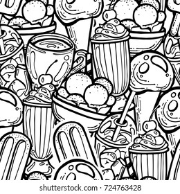 Black and white hand drawn seamless pattern with ice cream, coffee, cocktails. Sticker trendy line art design for web or print background.