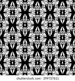 Black and White, Hand drawn, seamlessly repeating ornamental wallpaper or textile pattern.
