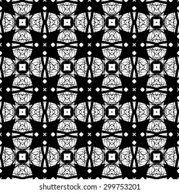 Black and White, Hand drawn, seamlessly repeating ornamental wallpaper or textile pattern.
