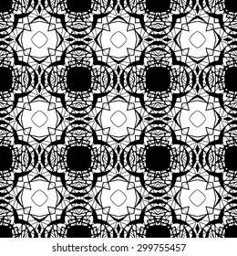 Black and White, Hand drawn, seamlessly repeating ornamental wallpaper or textile pattern.

