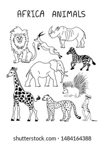 Black And White Hand Drawn Set Of African Animals, Vector Poster. South Wildlife Collection.