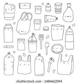 Black and White hand drawn set of Plastic Objects. Reuse Reduce Recycle vector collection. Cute sad plastic characters in cartoon style.
