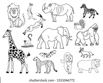 Black   white hand drawn set cartoon African animals  vector illustration  Safari wildlife line drawing  