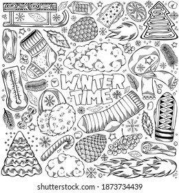 Black and white hand drawn set of winter elements - mittens, spruce branches, fir-tree, knitted socks, snowflakes and others. Cozy symbols for cold season. Original vector image with isolated objects
