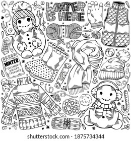 Black and white hand drawn set of winter elements - winter boots, snowman, mittens, christmas bells, sweater and others. Cozy symbols for cold season. Original vector image with isolated objects