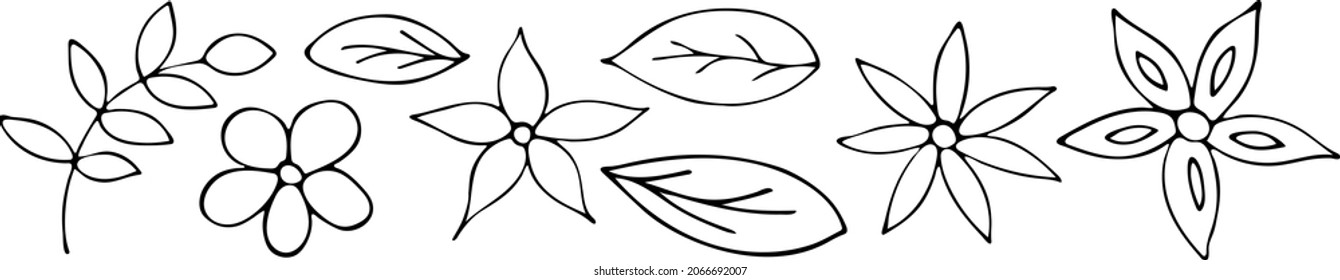 Black and White Hand Drawn Set of Doodle Flowers.