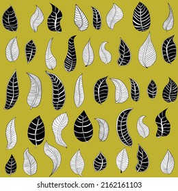 Juego de hojas de hidrato, de color blanco y negro, sobre fondo amarillo. Puede utilizarse como elementos de diseño o como un patrón sin fisuras.