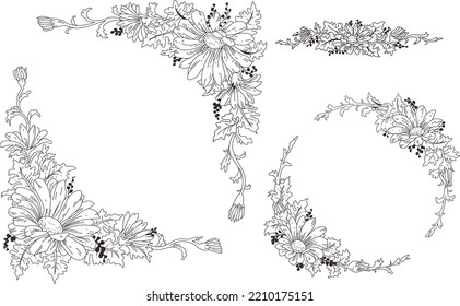 Black and white hand drawn set of flower element ornament patern. illustration vector of flower.