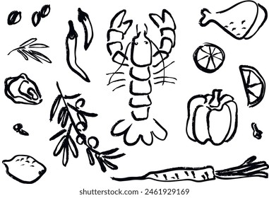 black and white hand drawn set of  food, vegetables and fruits. charcoal drawing. vector illustration.