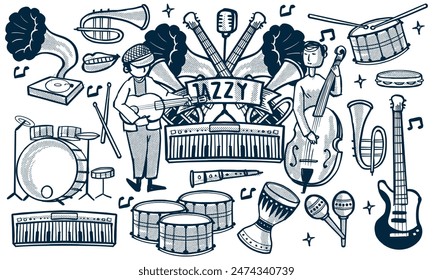 Black and white hand drawn set of jazz music doodle set. music instruments concept in doodle style isolated on white background.