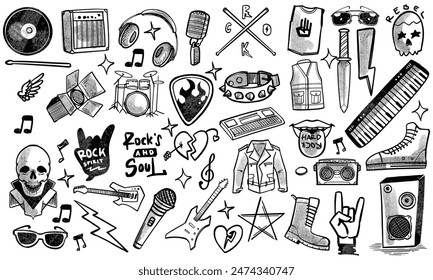 Black and white hand drawn set of rock music doodle music instruments in doodle style isolated on white background.