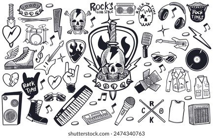 Black and white hand drawn set of rock music doodle music instruments in doodle style isolated on white background.