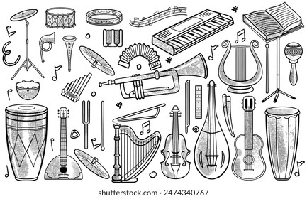 Black and white hand drawn set of classic and jazz music instruments in doodle style isolated on white background.