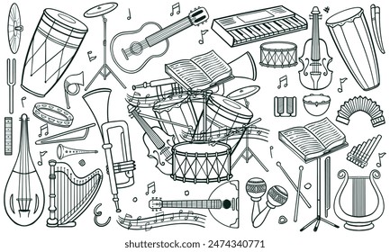 Black and white hand drawn set of classic and jazz music instruments in doodle style isolated on white background.