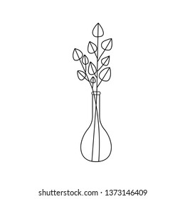 Black and white hand drawn simple branches with leaves in a bottle. Minimalistic botanical illustration for posters,print on t-shirts,mug print,decoration for greeting cards,planners and more