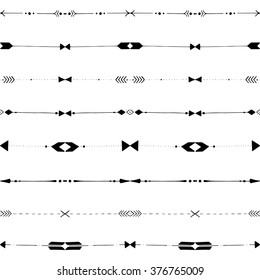 Black And White Hand Drawn Simple Cute Horizontal Ethnic Stripes, Bohemian Arrows, Boho Vector Seamless Pattern