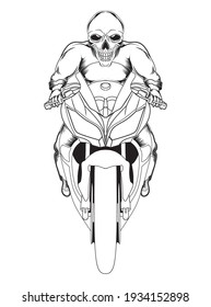 black and white hand drawn skeleton t-shirt design with a skull riding a motorcycle