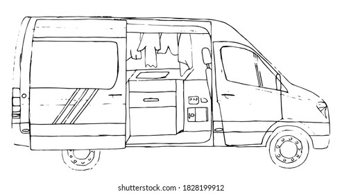 Black and white hand drawn sketch of open living van. Van life. Illustration.