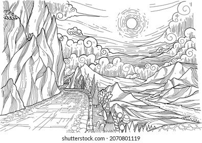 Black and white hand drawn sketch of landscape. Mountain view. Sketch of cliff, tree, river, cloud, and sun.