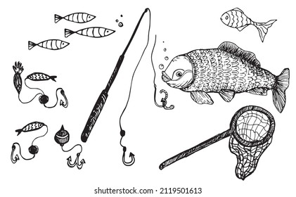 Black And White Hand Drawn Sketch Set With Fishing Tackle, Rod, Fishing Hook, Fishes, Worm, Scoop-net. 