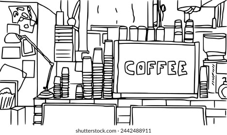 black and white hand drawn sketch of a barista work desk with a coffee machine in a coffee shop