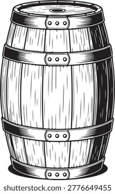 Black and white hand drawn sketch of old oak barrel. Traditional storage container for fermentation and maturation.