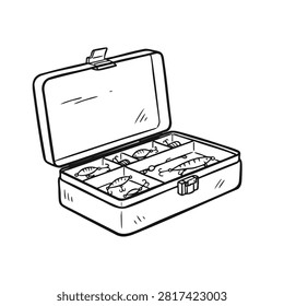 A black and white hand drawn sketch of an open plastic tackle box containing various fishing lures and hooks.