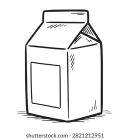 A black and white hand drawn sketch of a rectangular milk or juice carton with a blank label area on a white background