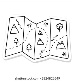 A black and white hand drawn sketch of a folded paper map featuring mountain icons trees and a winding trail path