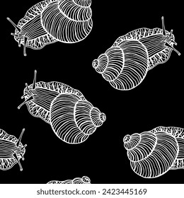 Black and White Hand Drawn Snails Leaves and Flowers. Vector Seamless Pattern