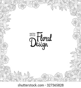Black and white hand drawn square frame made with wildflowers. Floral design