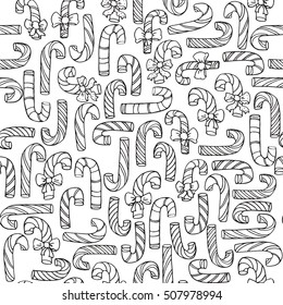 Black and white hand drawn square seamless pattern with candy canes with ribbon bows. Vector christmas illustration.