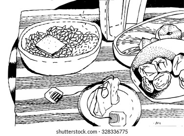 black and white hand drawn  still life with fruits and tea vector