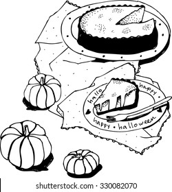 black and white hand drawn still life with halloween  pumpkin pie and pumpkins vector