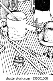 Black and white hand drawn still life with stripes pattern tablecloth and a lot of objects on coffee table. Sketchy illustration of cups, pepper mills, pu-er tea package and other.
