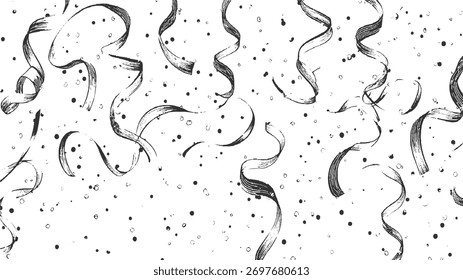 Serpentinas y confeti dibujados a mano en blanco y negro esparcidos sobre un fondo blanco.